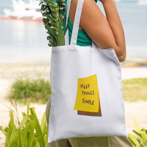 Hand Crafted Handbags - KEEP THINGS SIMPLE Tote Bag, White Reusable Tote Bags 12x14inch, Large Foldable